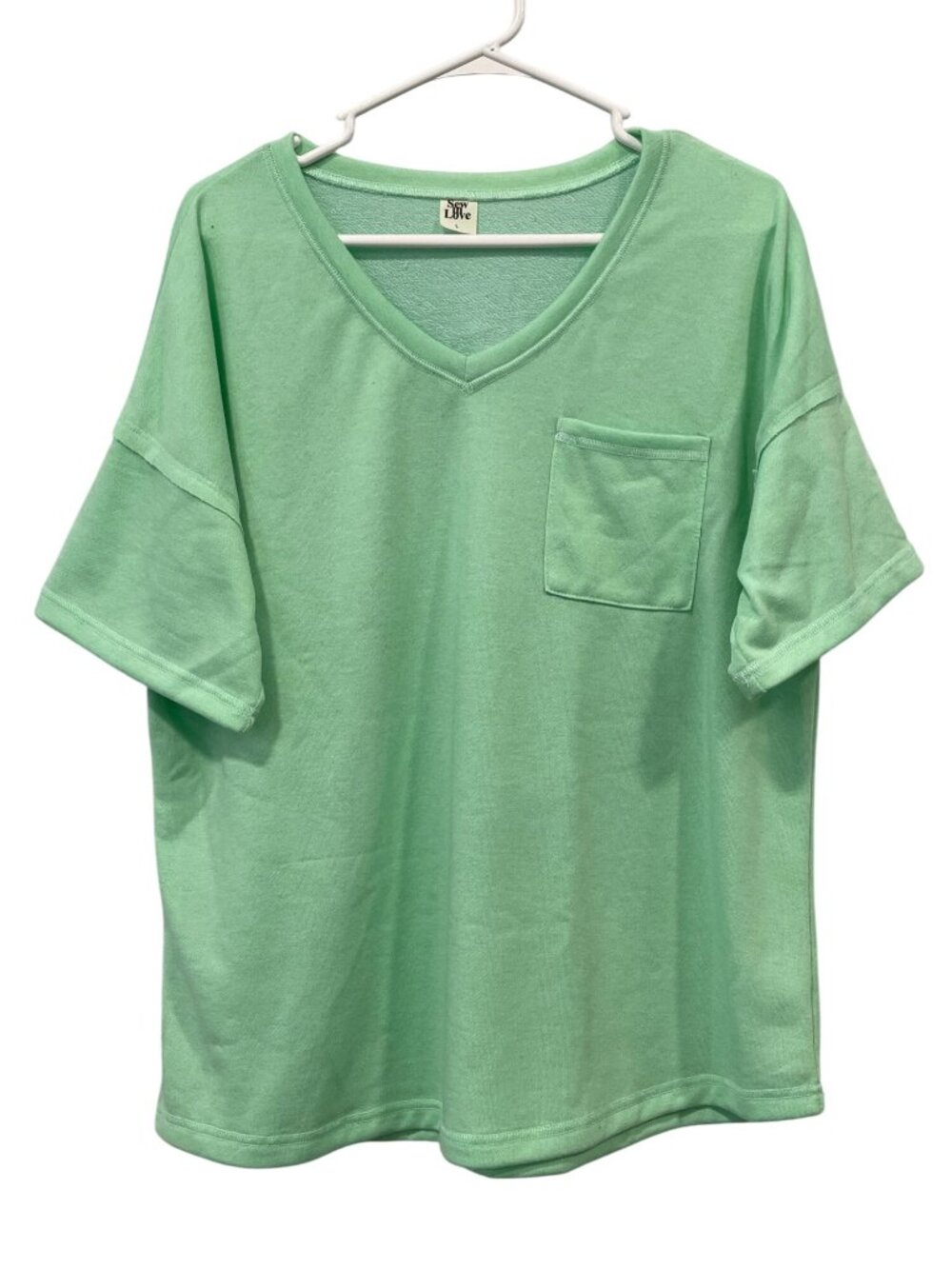 Sew In Love Tee Size Large V Neck Short Sleeve Pocket Mint Green Basic Essential